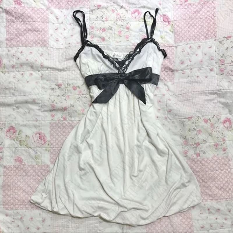 Solid color lace dress with bow decoration sweet casual Y2K top sexy street rock aesthetic retro punk Harajuku hop women's dress