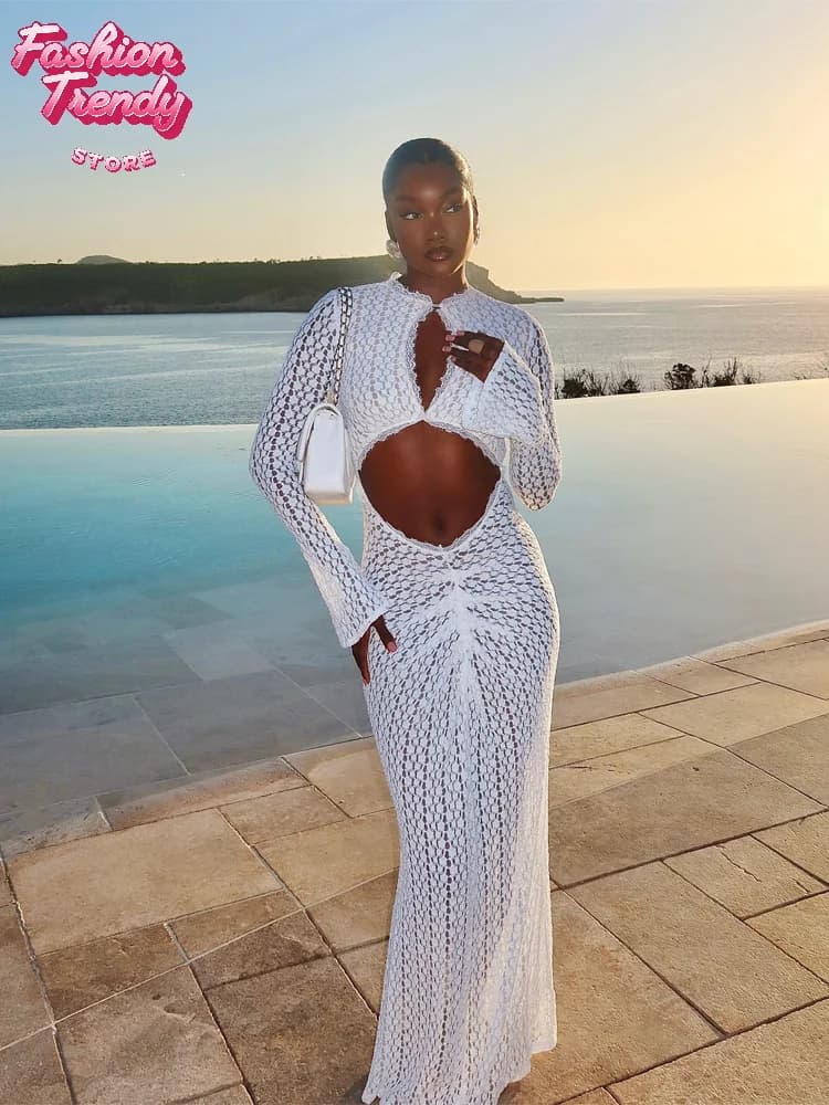 Fashion Hollowed-out Lace Patchwork Dress Women Solid O-neck Long Sleeve Pleated Bodycon Maxi Dresses Summer Lady Vacation Gown