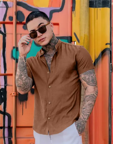 Camisa Djulios Masculina Gola Padre Tecido Aspecto Linho